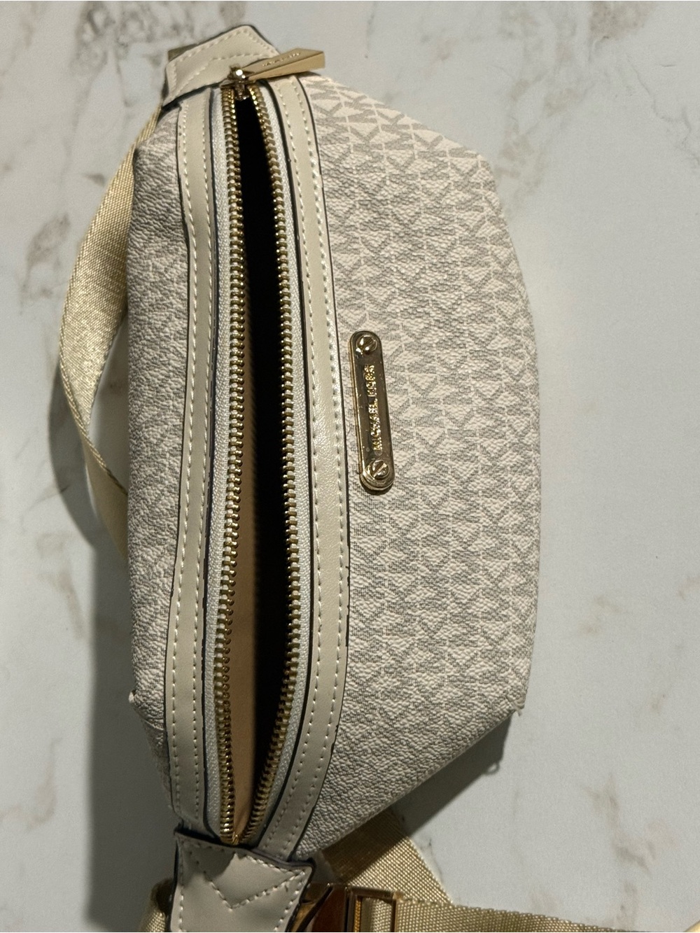 Michael Kors Cream Textured Crossbody Belt Bag with Gold Hardware